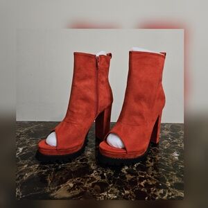 Peep Open Toe Cutout Chunky High Heel Ankle Bootie - Red Suede 8